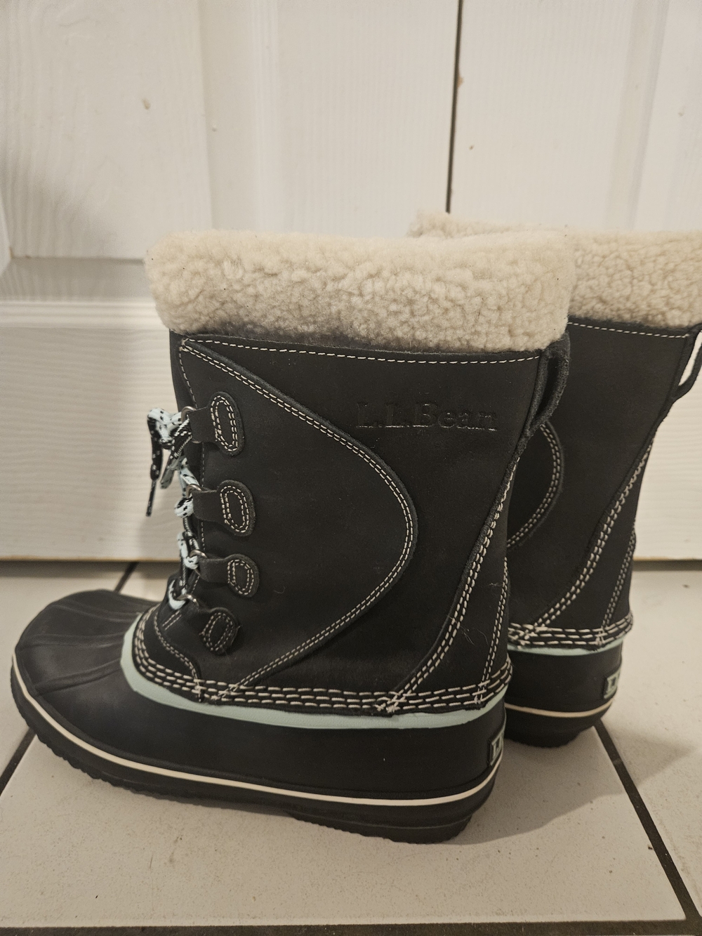 L.L. Bean Womens Black Winter Boots with Cream Sherpa Collar and Mint Accents